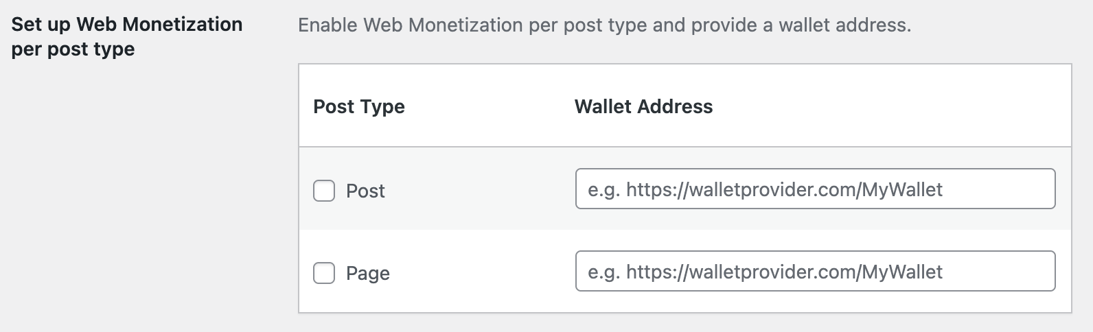 The set up web monetization per post type table with an option to select post and page and enter a wallet address for each